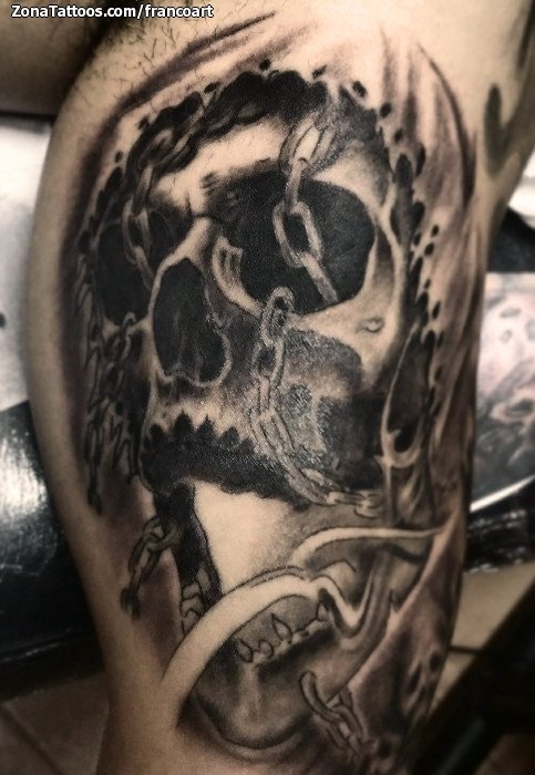 Tattoos By Tate  Skull and chains  another piece from the 8 hr session on  Monday lonesparrowtattoostudio heliostattoo electrumstencilproducts  empireinks systemonetattoo skull skulls skulltattoo blackandgrey  realism realistic chains 