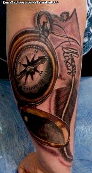 Tattoo of Compasses, Feathers, Forearm