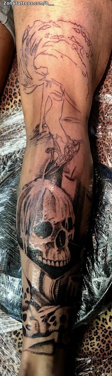 Grey Ink Skull And Graveyard Tattoo On Full Body
