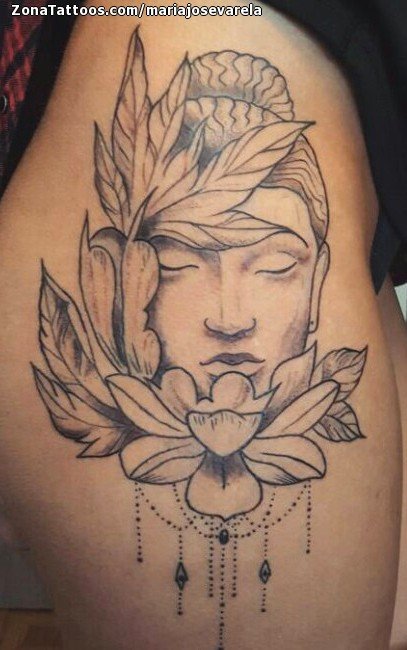 Tattoo of Buddha, Flowers, Leaves
