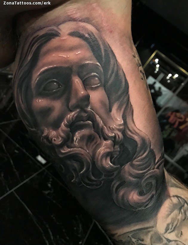 Awesome Grey Ink Jesus Tattoo On Man Right Sleeve