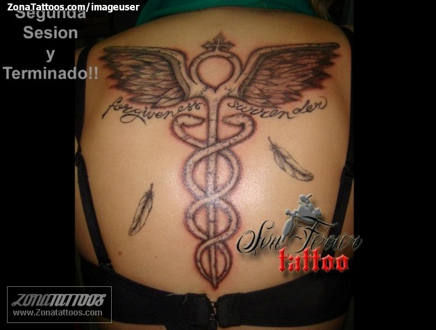 Tattoo of Wings, Feathers, Caduceus
