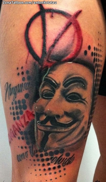 Tattoo of V for Vendetta, Masks, Letters