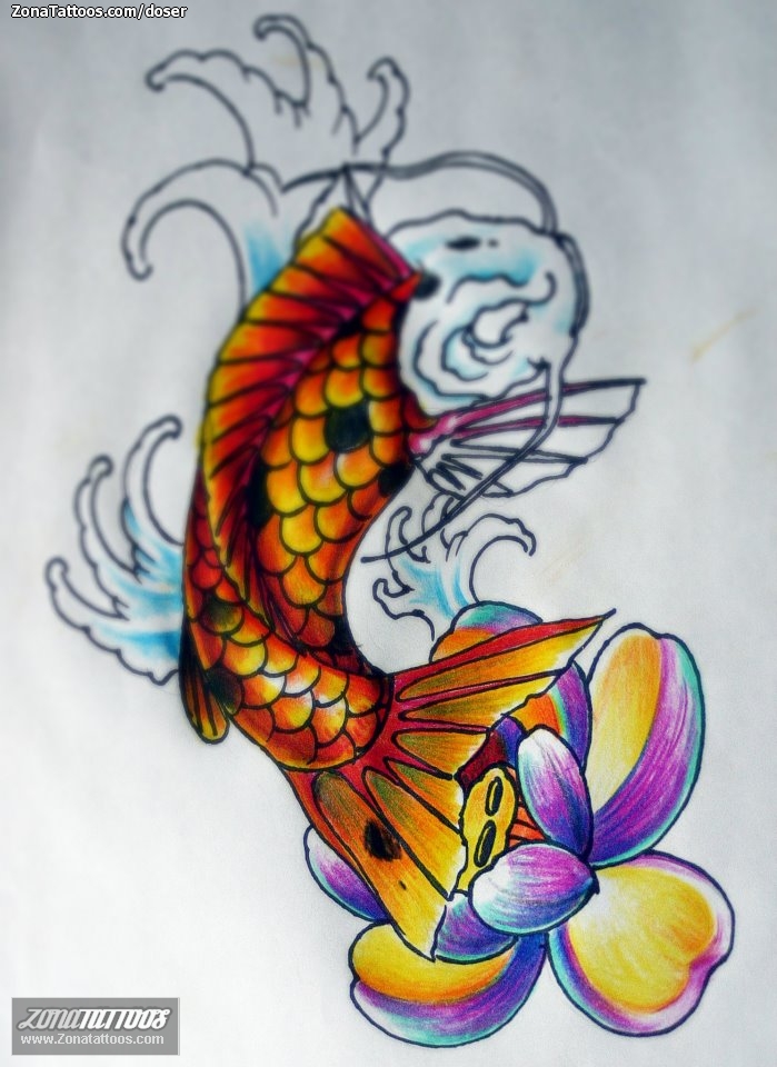 Tattoo flash photo Asian, Lotus, Fish