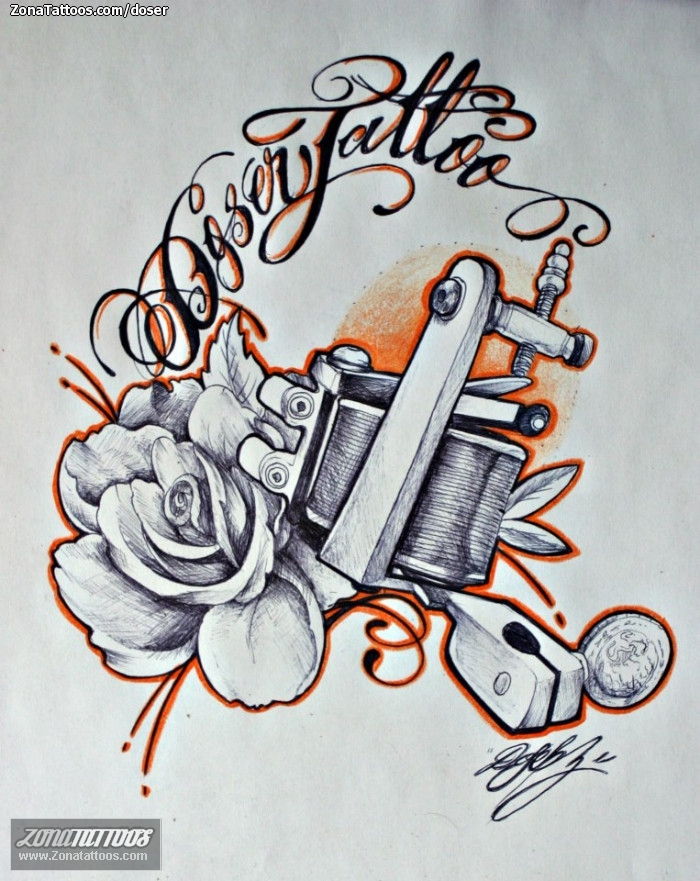 Tattoo flash photo Letters, Roses, Machines