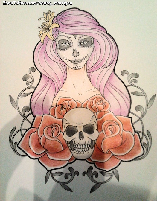 Tattoo flash photo Catrina, Skulls, Roses