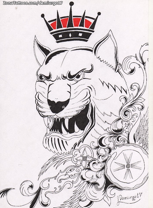 Tattoo flash photo Cougar, Crowns, Animals