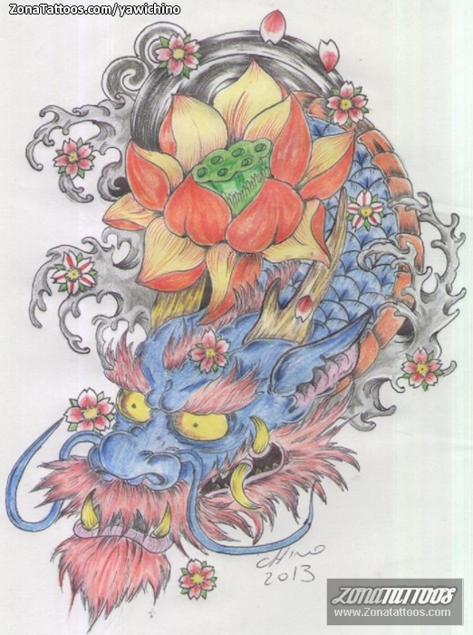 Tattoo flash photo Dragons, Flowers, Water