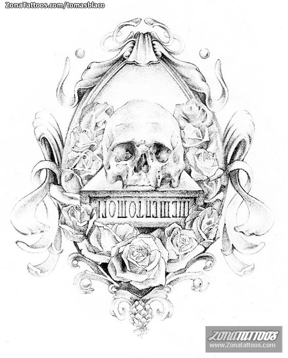 Tattoo flash photo Skulls, Ornaments, Flowers
