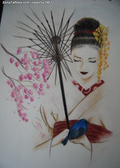 Tattoo flash photo Geisha, Flowers, Asian