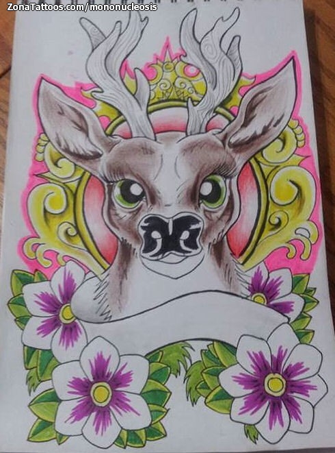 Tattoo flash photo Deers, Animals, Flowers