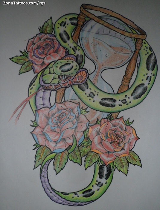 Tattoo flash photo Roses, Snakes, Clocks