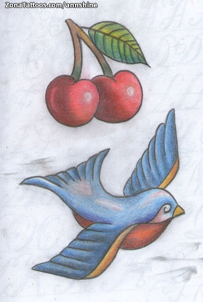 Tattoo flash photo Birds, Cherries, Fruits