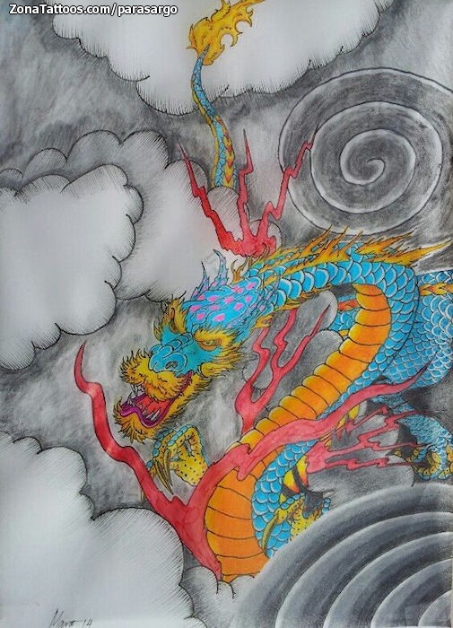 Tattoo flash photo Dragons, Asian, Clouds
