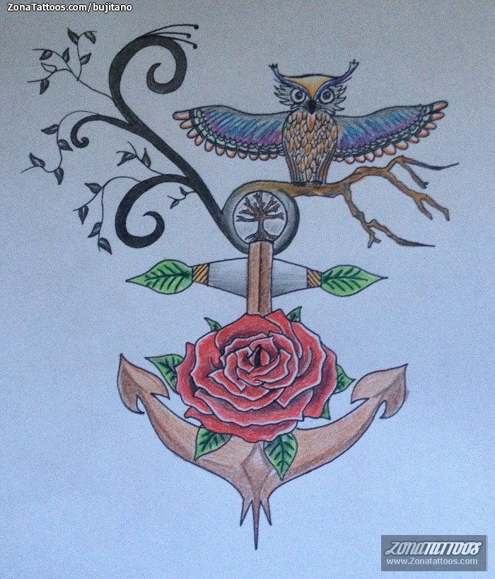 Tattoo flash photo Roses, Owls, Anchors