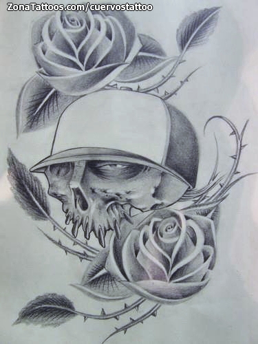 Tattoo flash photo Skulls, Roses, Flowers