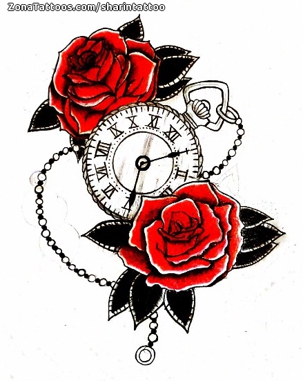 Tattoo flash photo Clocks, Roses, Flowers