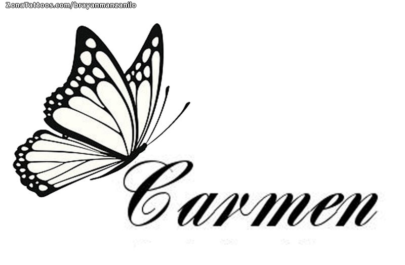 Tattoo flash photo Butterflies, Carmen, Letters